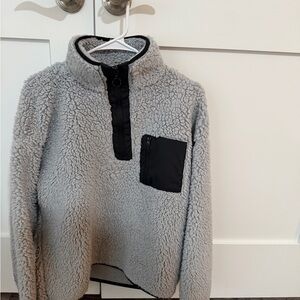 Lou & Grey Zip-Up Gray Sherpa Sweater with Black Details